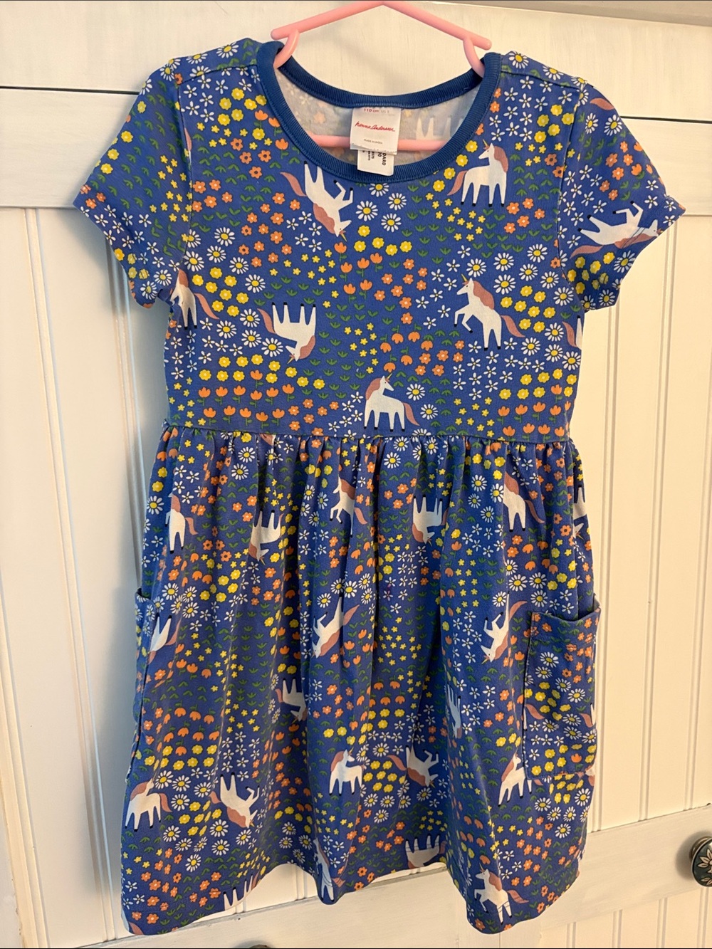 Blue Unicorn & Floral Short Sleeve Kids Dress Size 5 Hanna Andersson